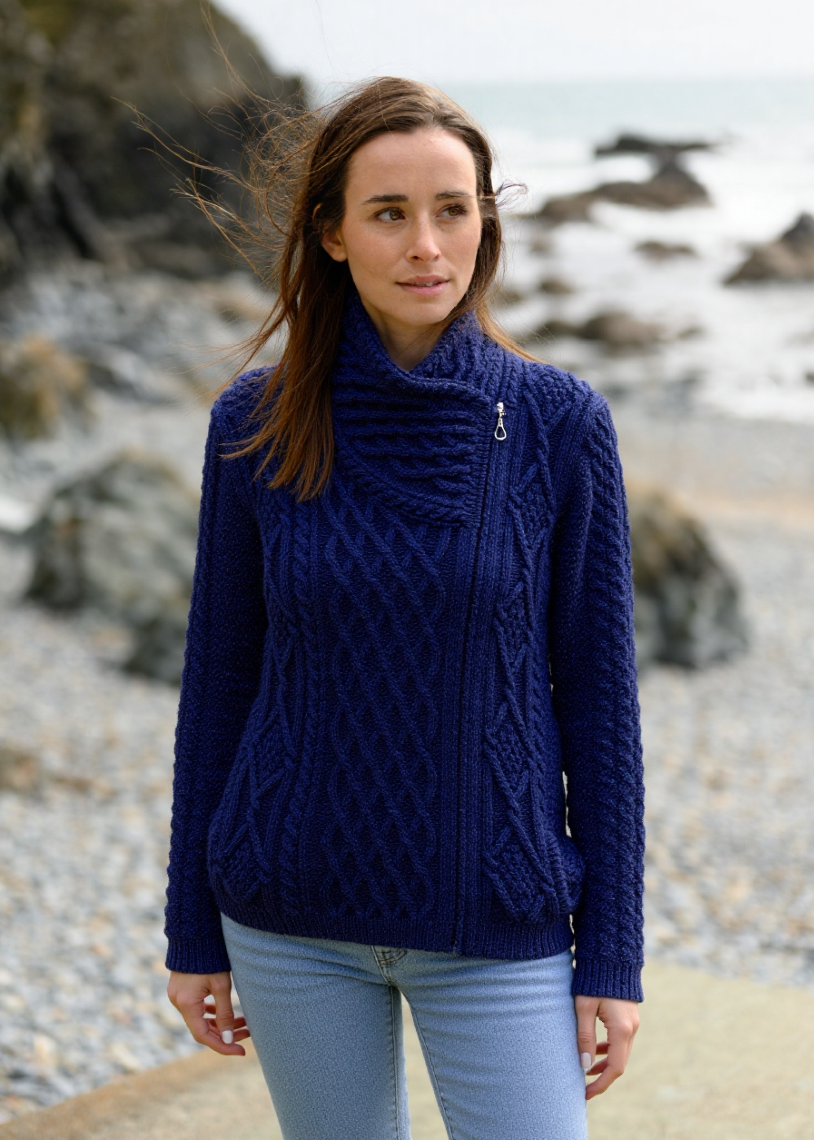 Claddagh Side Zip Aran Cardigan | Blue