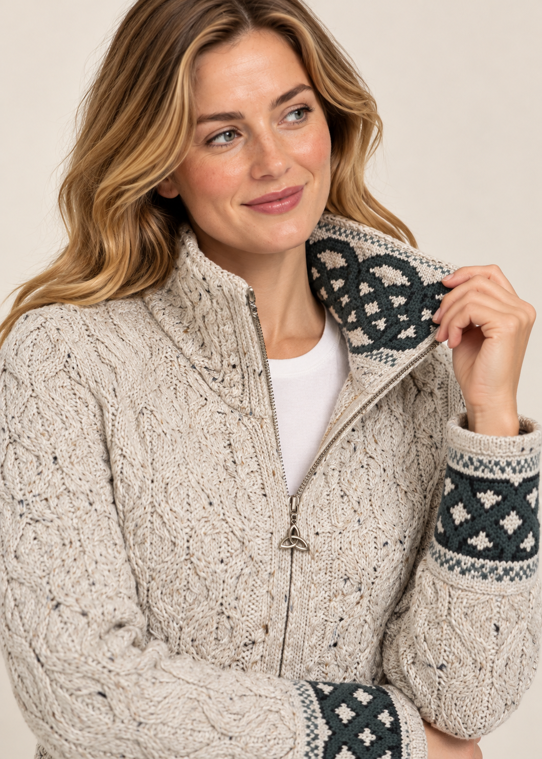 Aran Crafts Celtic Funnel Neck Jacquard Cardigan | Oatmeal