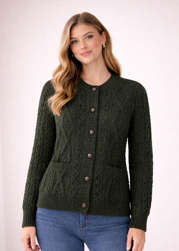 Inagh Ladies Aran Cardigan | Army Green | 100% Worsted Wool