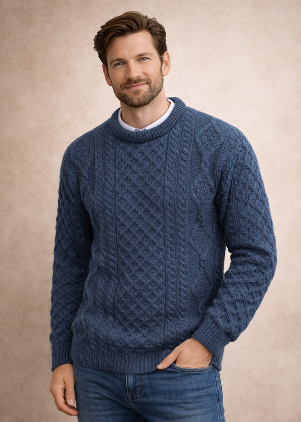 Irish Aran Sweater | Denim Blue | 100% Pure Wool