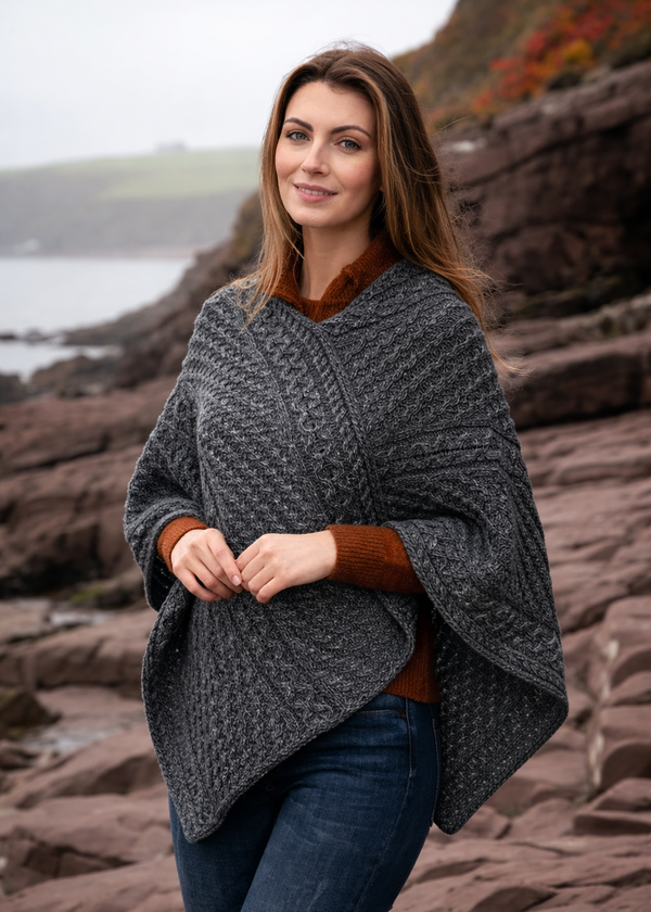 Aran Cable Knit Poncho | 100% Merino Wool