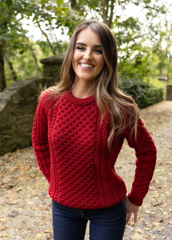 Ladies Slim-Fit Aran Sweater | Red
