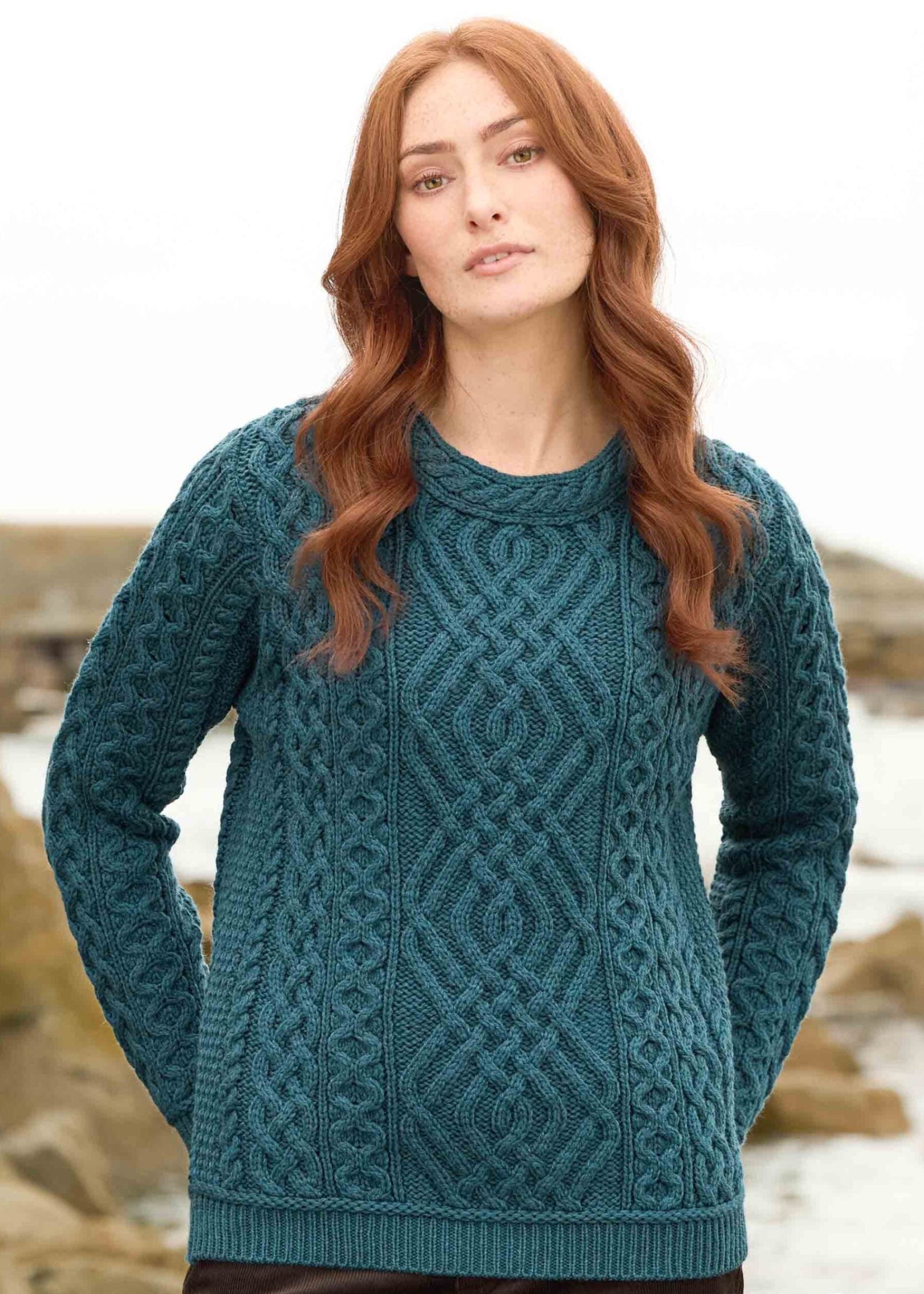 Aran Cable Knit Merino Wool Sweater - Bermuda Blue | Irish Crafted