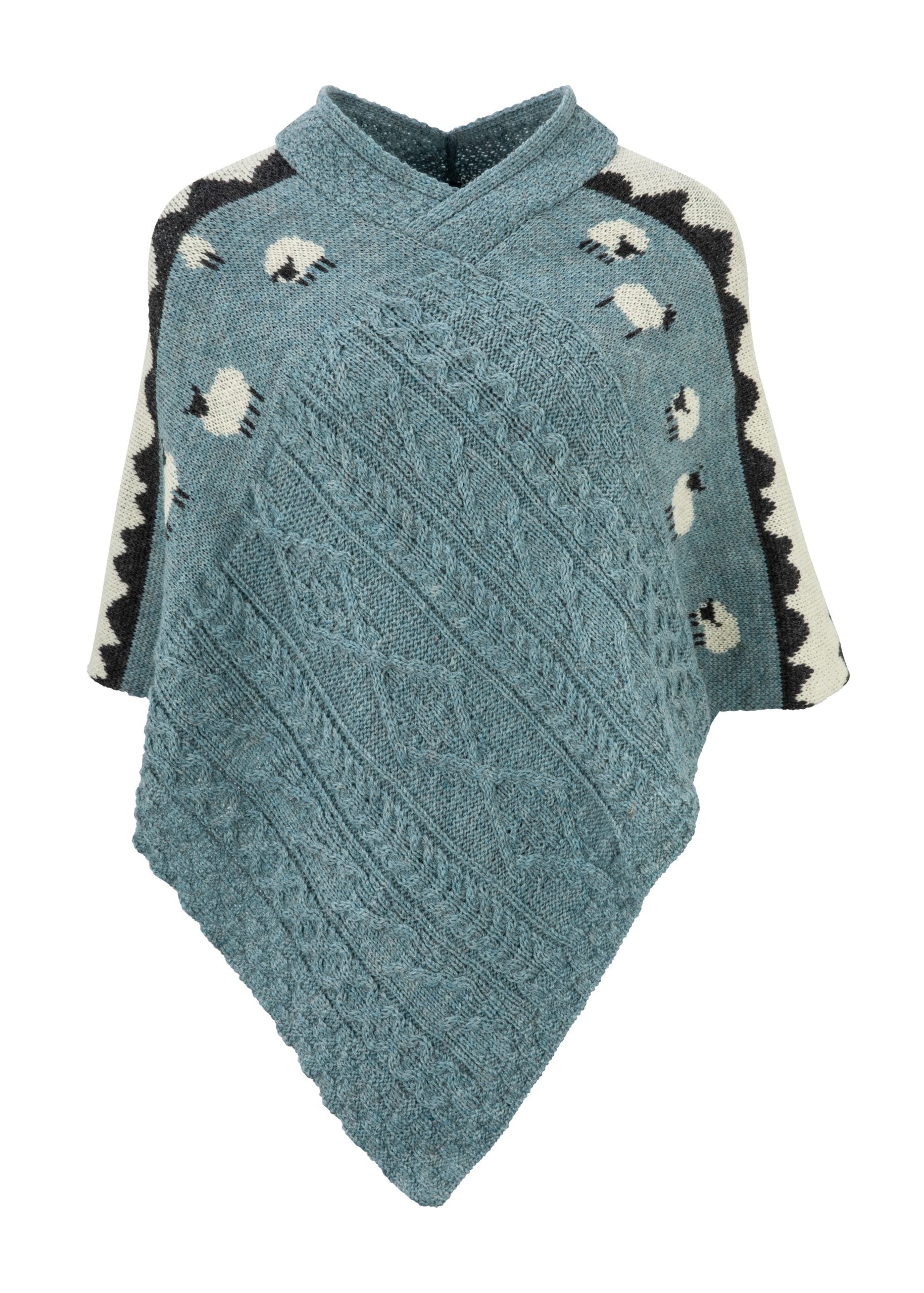 Ladies Sheep Scene V Neck Poncho - Summer Storm