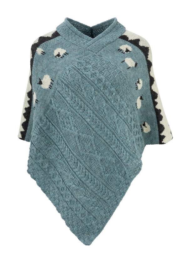 Ladies Sheep Scene V Neck Poncho - Summer Storm