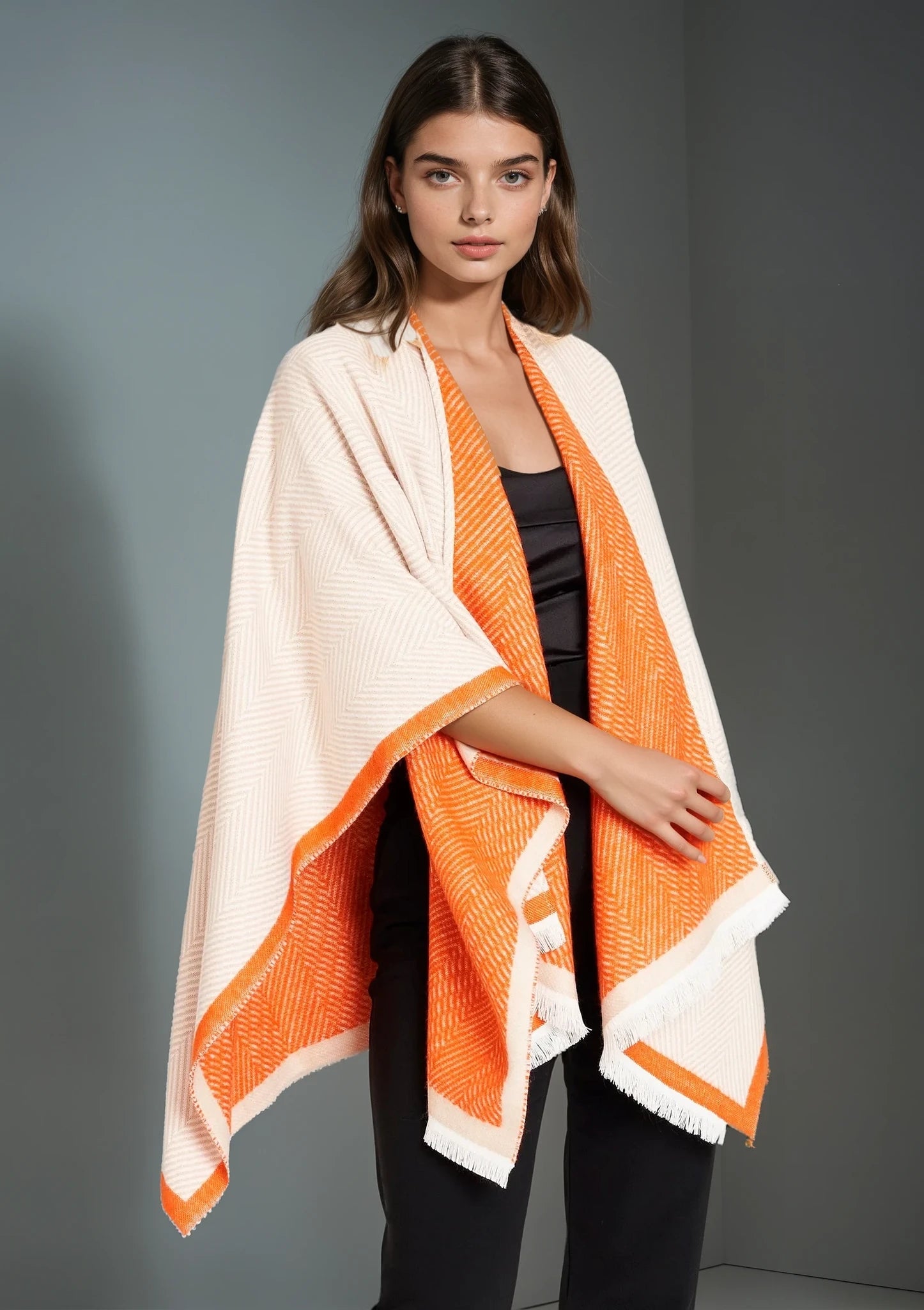 Jimmy Hourihan Reversible Herringbone Shawl | Cream/Coral