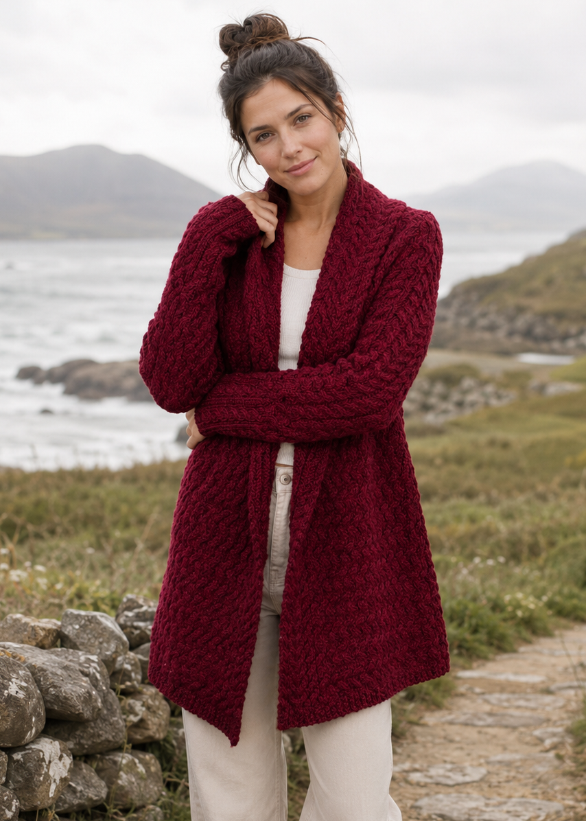 Gilet cardigan Aran à cascade pour femme IrelandsEye | Bordeaux