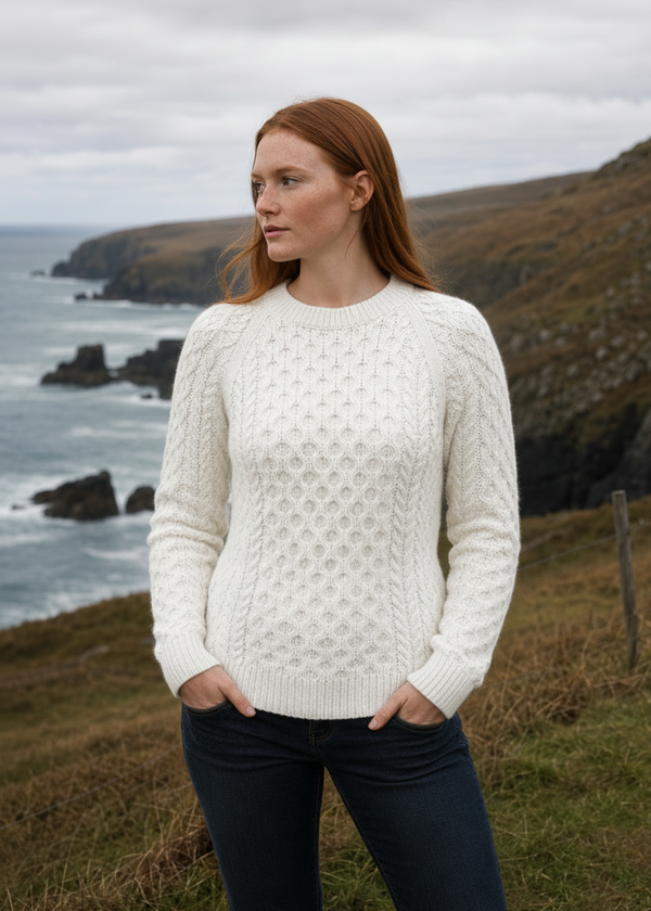 Ladies Slim-Fit Aran Sweater | Premium Merino Wool | Natural