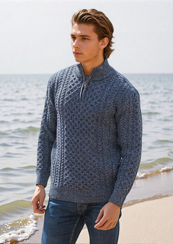 Aran Merino Wool Half Zip Sweater | Denim