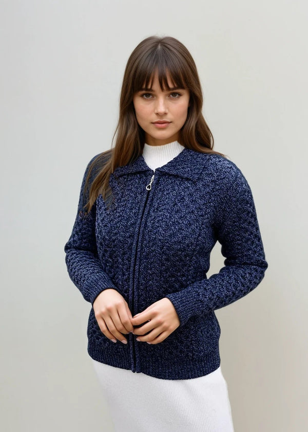 Aran Full Zip Cardigan | Denim Marl