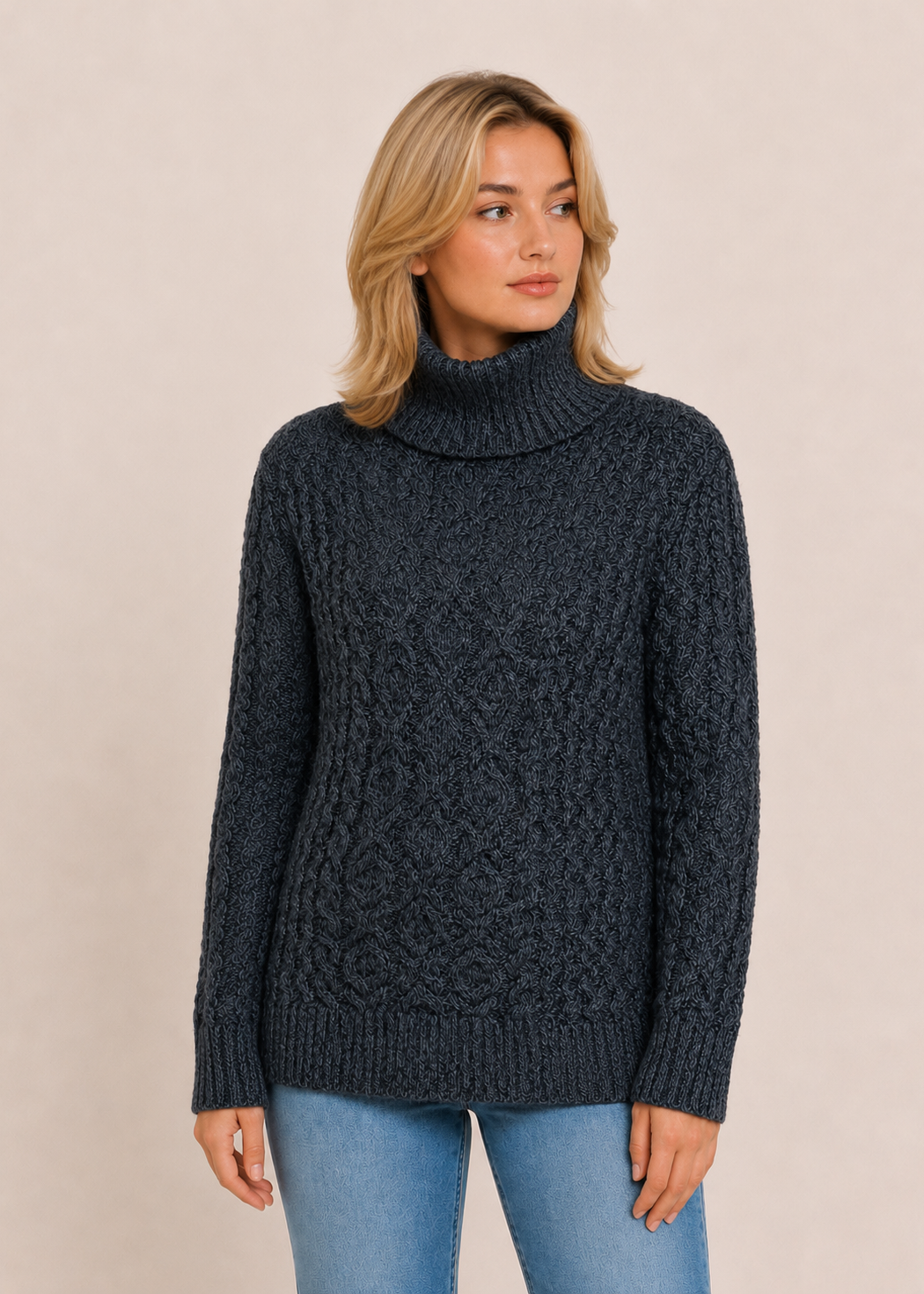 Merino Wool Polo Neck Aran Sweater | Slate