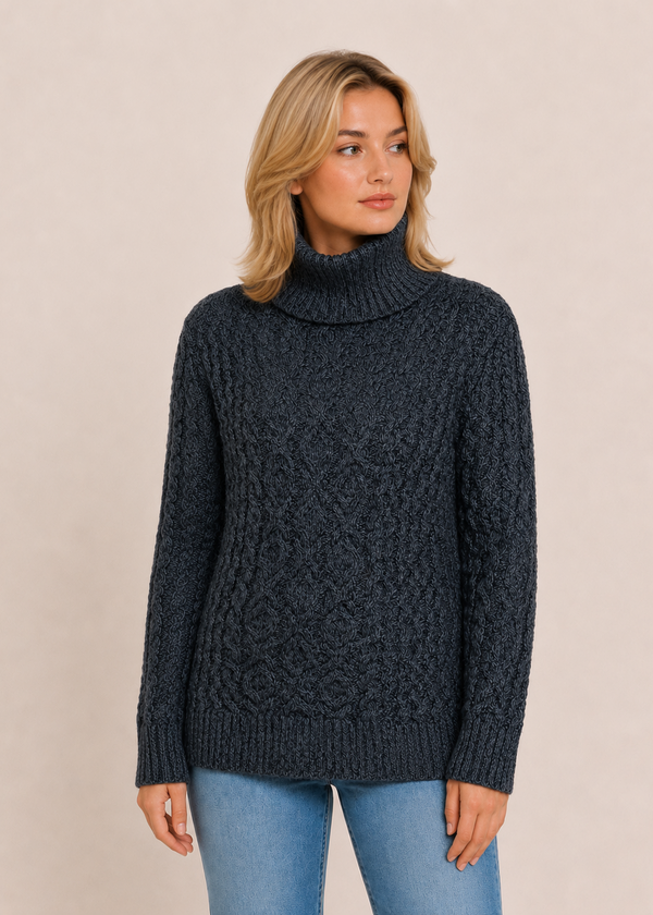 Merino Wool Polo Neck Aran Sweater | Slate