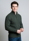 Aran Cable Knit Half Zip Sweater | 100% Merino Wool | Green