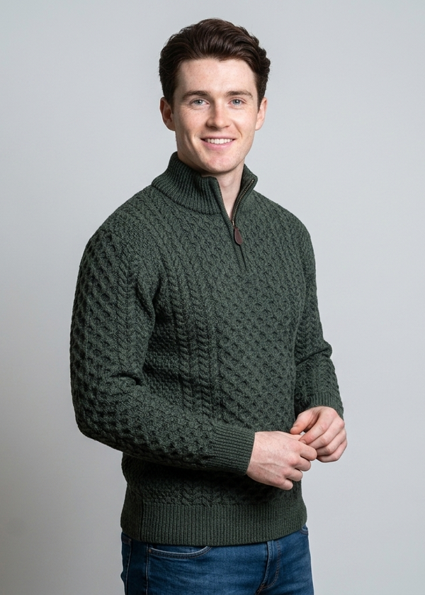 Aran Cable Knit Half Zip Sweater | 100% Merino Wool | Green