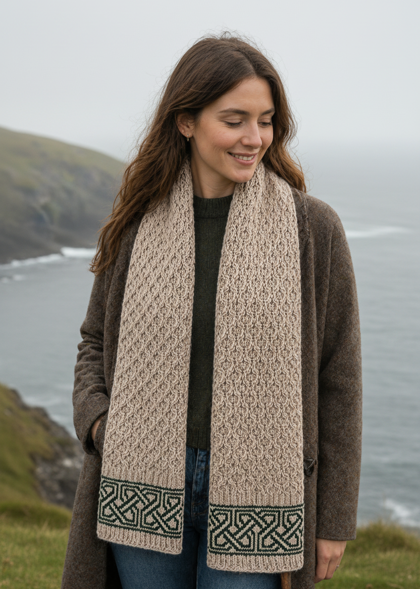 Aran Celtic Design Merino Wool Scarf | Parsnip