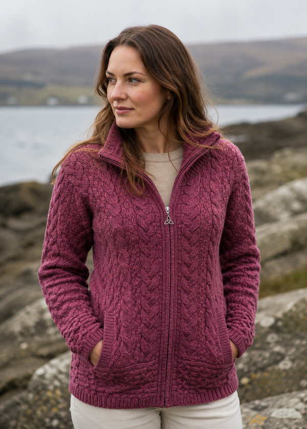 Aran Crafts Double Collar Trinity Cardigan | Berry | 100% Merino Wool