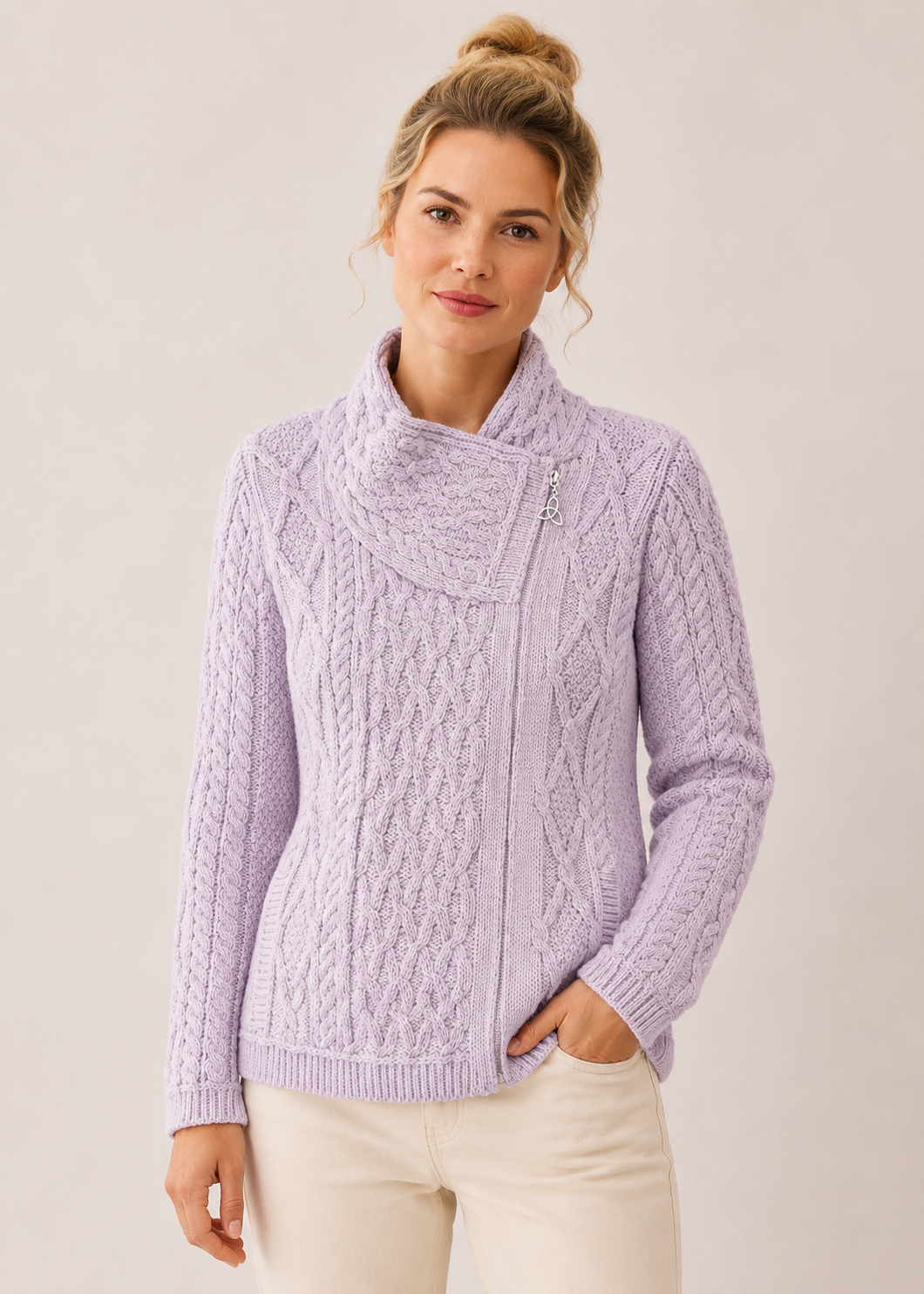 Aran Crafts Women's Sky Pink Shannon Cable Knit Side Zip Merino Wool Jacket | Made in Ireland