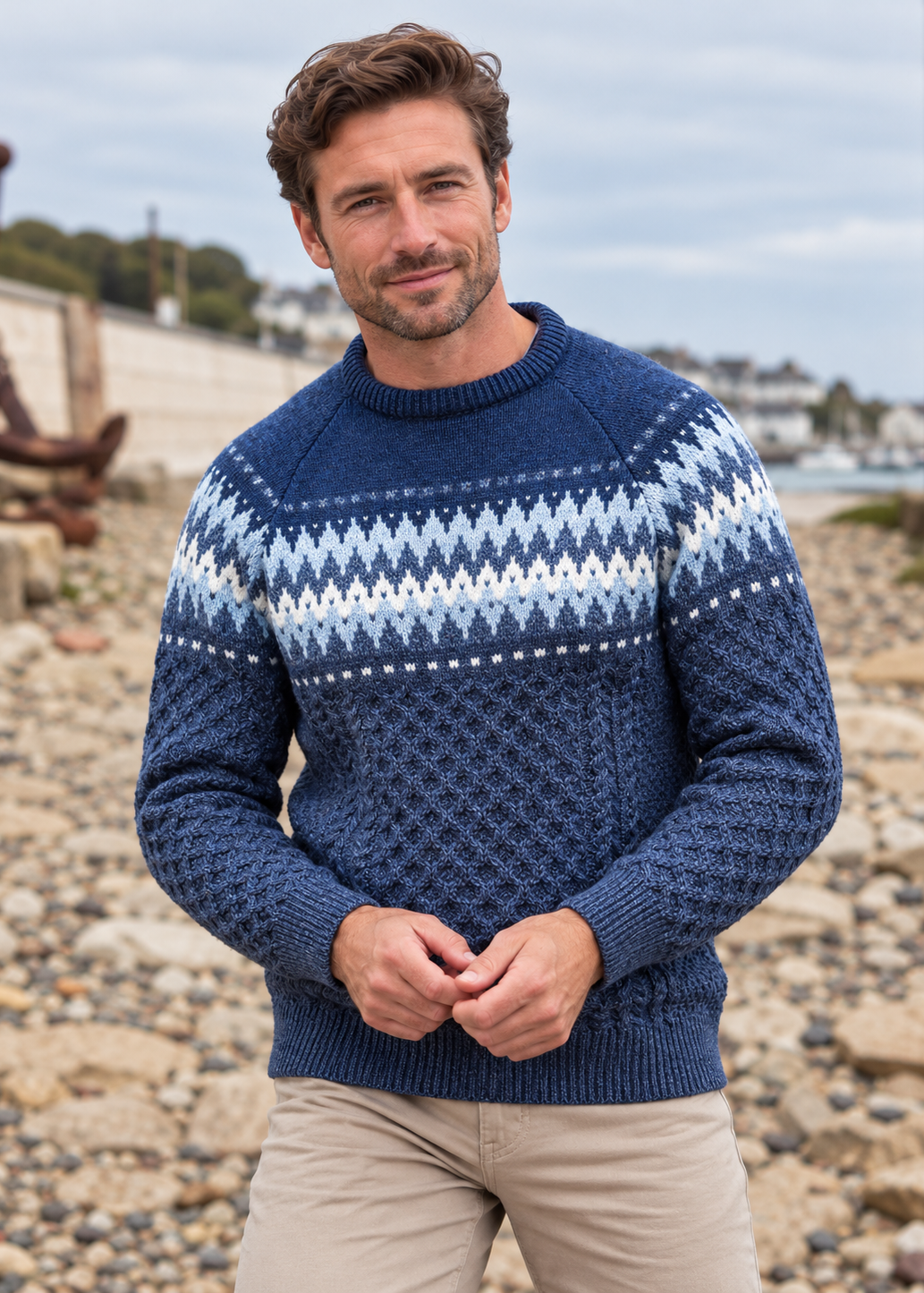 Aran Merino Crew Neck Fair isle Sweater - Denim