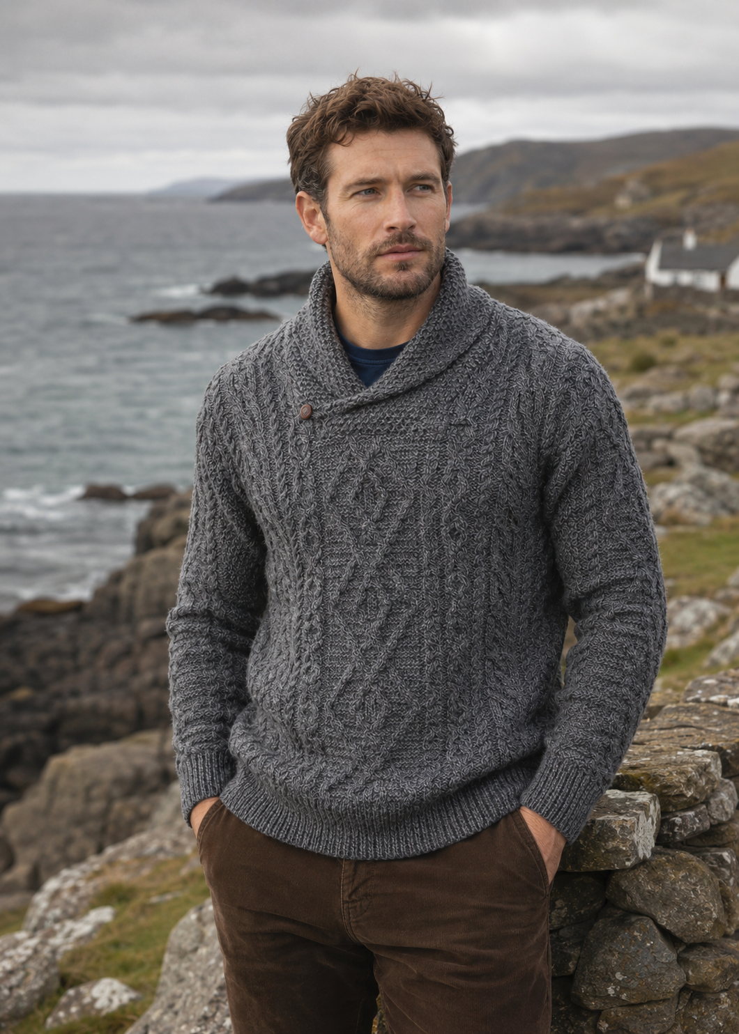 Aran Merino Wool Shawl Neck Sweater | Slate