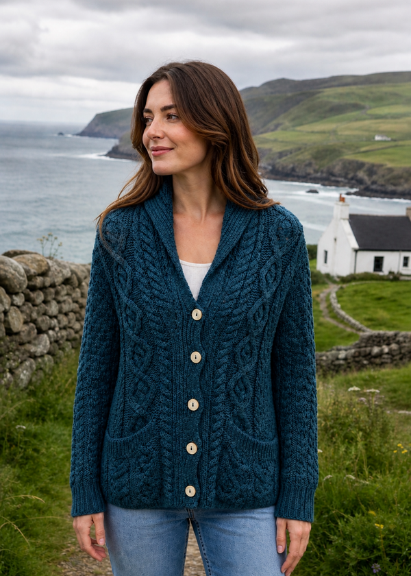 Ladies Button Shawl Aran Cardigan | Irish Sea