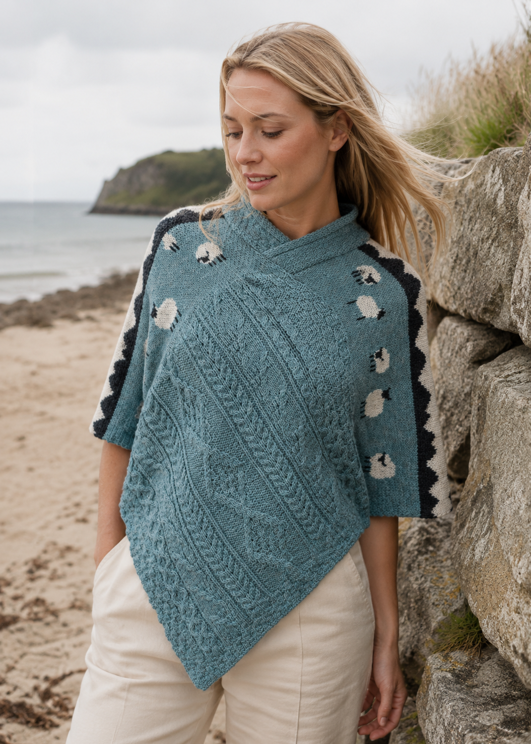 Ladies Sheep Scene V Neck Poncho - Summer Storm