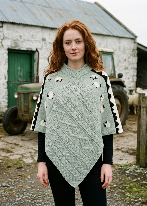 Ladies Sheep Scene V Neck Poncho | Sage Green | 100% Pure Wool