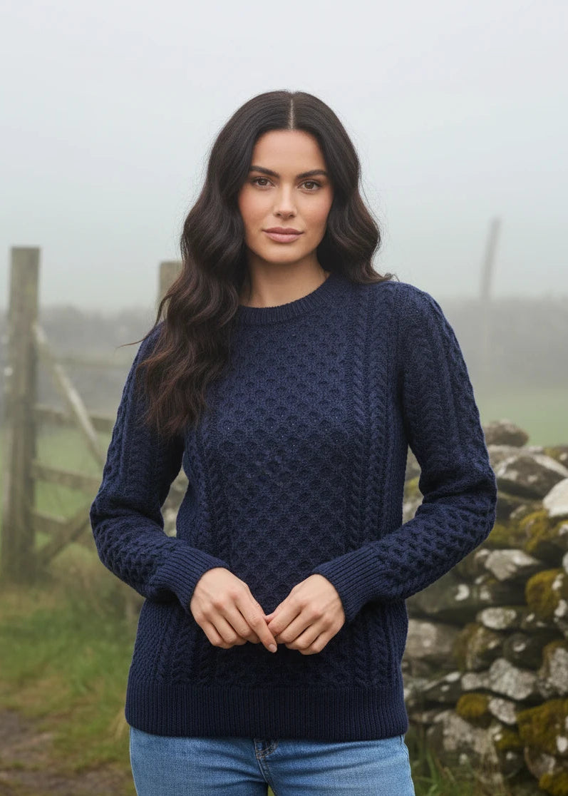 Ladies Slim-Fit Aran Sweater in Navy | Premium Merino Wool