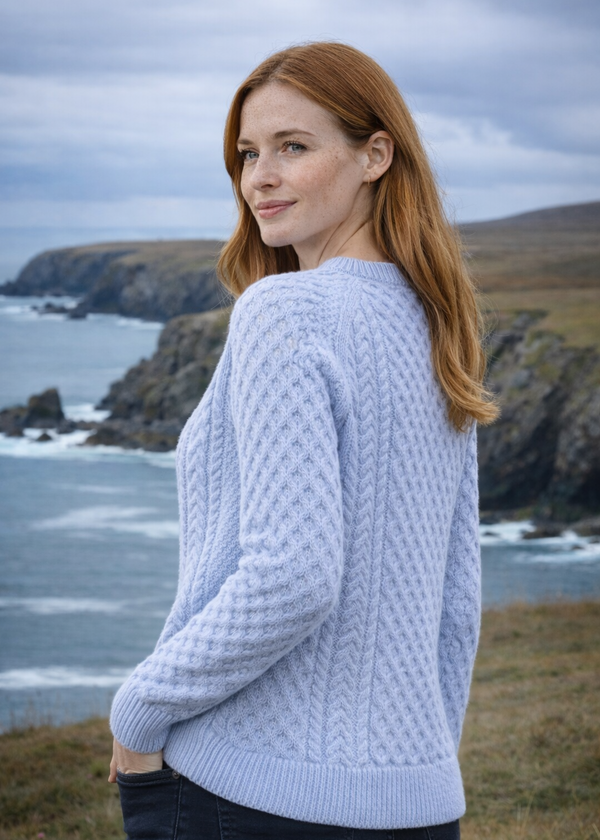 Ladies Slim-Fit Aran Sweater in Sky Blue | Premium Merino Wool