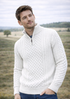 Men's Aran Half Zip Sweater - Natural | 100% Merino Wool | Cable Knit