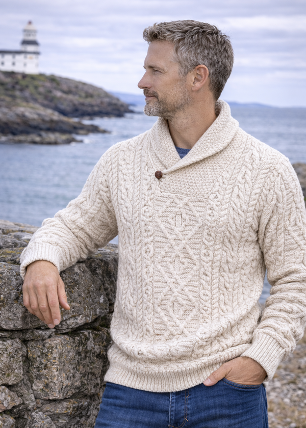 Men's Aran Shawl Neck Sweater | Natural Merino Wool