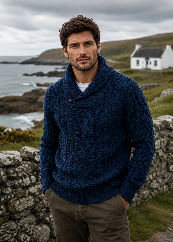 Men's Merino Wool Aran Shawl Neck Sweater | DWB