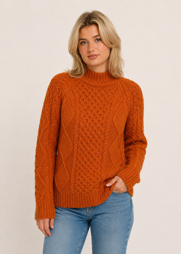 Merino Wool Cowl Neck Aran Sweater | Terracotta 