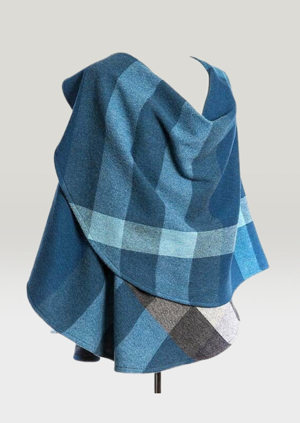 John Hanly Lambswool Cape | Turquoise Blue Check