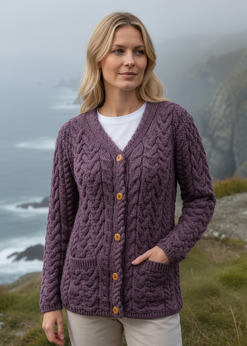 Aran Button-Up Cable Knit Cardigan | Berry Rose