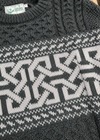 Close-up of a dark gray sweater with a geometric pattern, featuring a brand label.