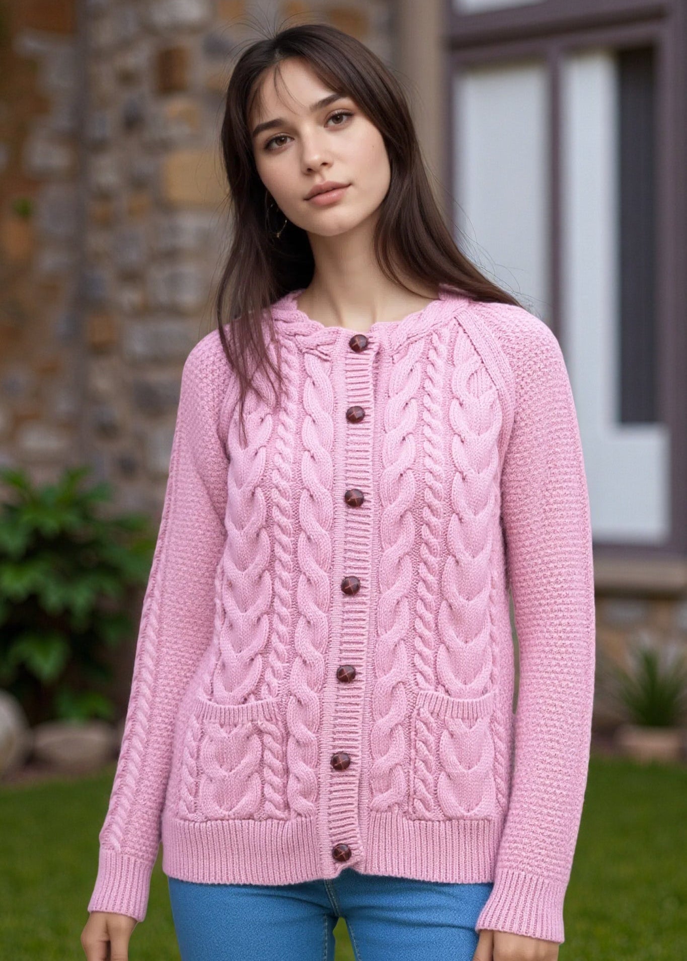 Merino Lumber Aran Cardigan | Pink - Clearance