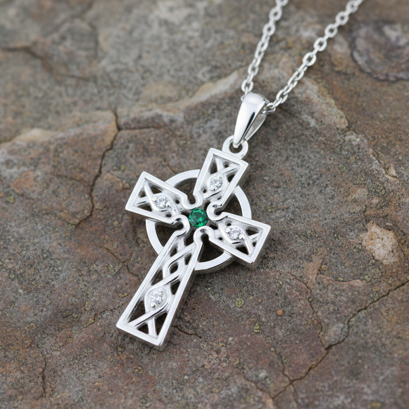 Sterling Silver Celtic Cross Pendant with Emerald - Handcrafted Irish Jewelry