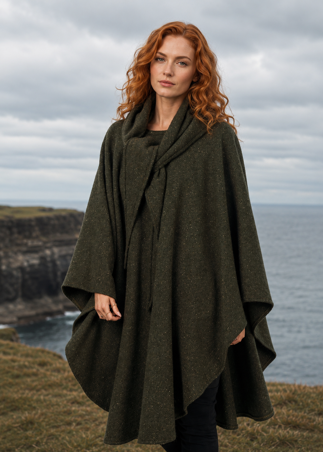 Jimmy Hourihan Knee Length Cape | Green Donegal Tweed (No Pockets)
