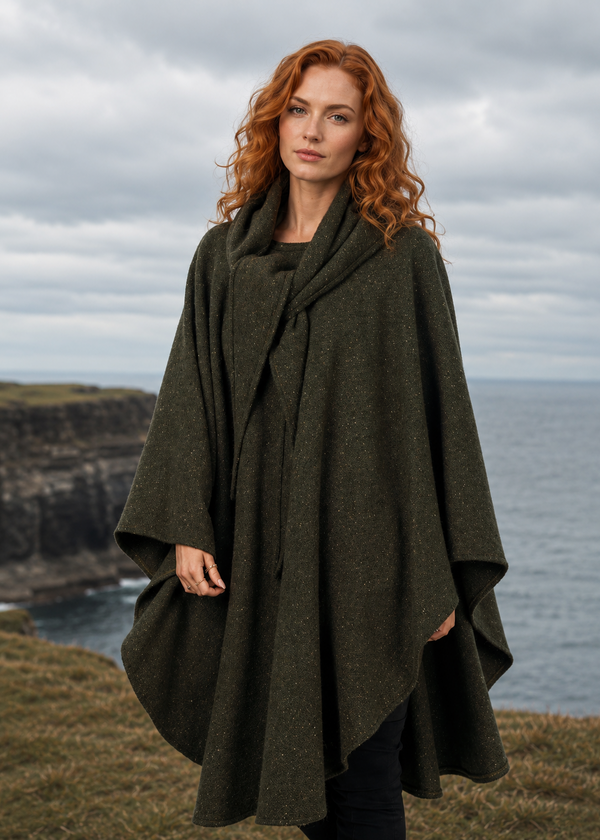 Jimmy Hourihan Knee Length Cape | Green Donegal Tweed (No Pockets)