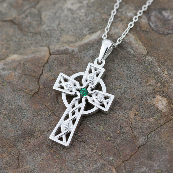 Sterling Silver Celtic Cross Pendant with Emerald - Handcrafted Irish Jewelry