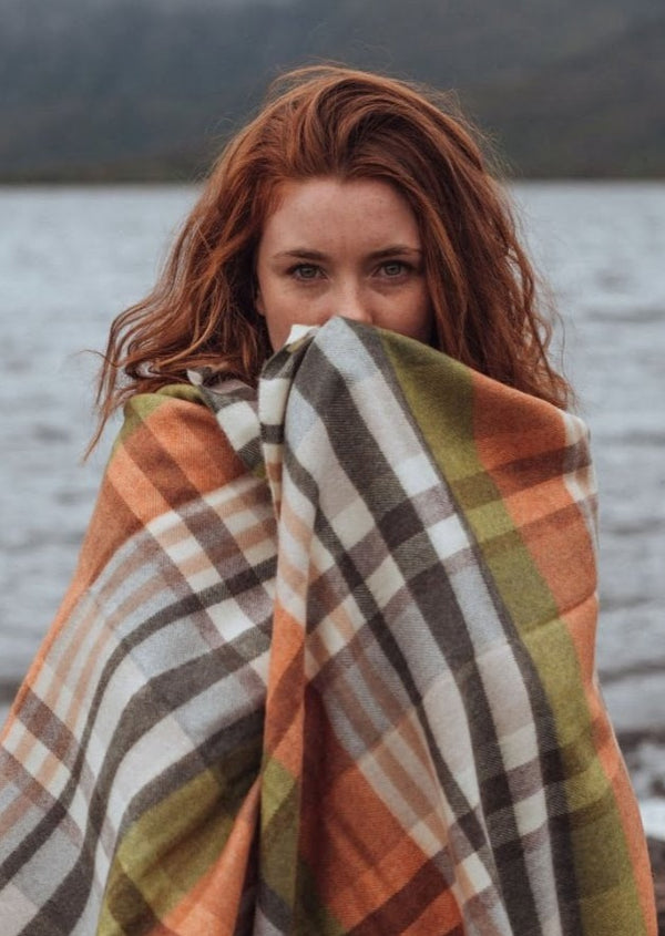 Oversized Merino Scarf White Orange Green Plaid