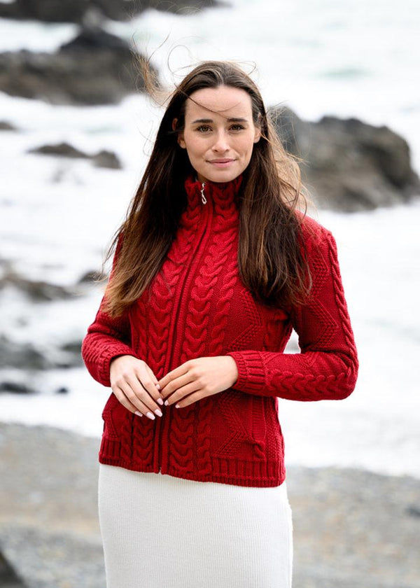 Cable Knit Aran Cardigan | Red