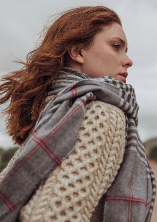 Oversized Merino Scarf | Grey Cream Red