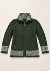 Aran Crafts Celtic Funnel Neck Jacquard Cardigan | Green