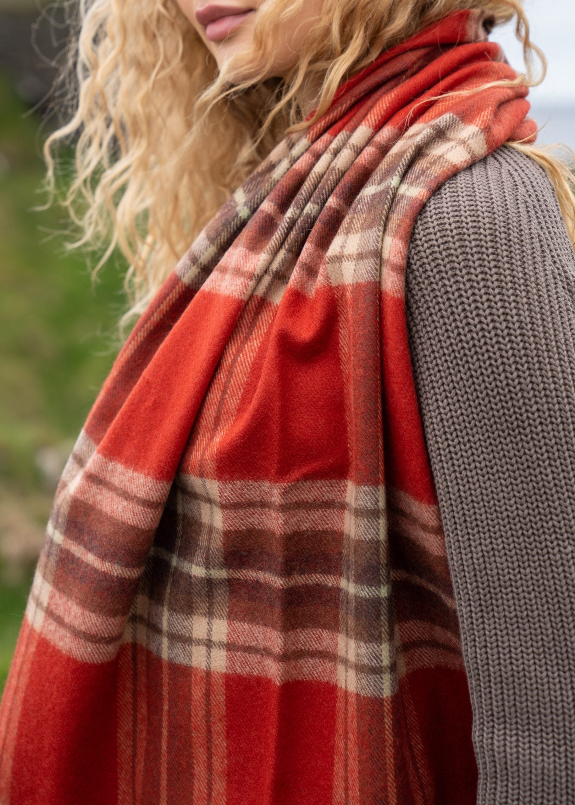 Oversized Merino Scarf | Rust Brown Beige Plaid