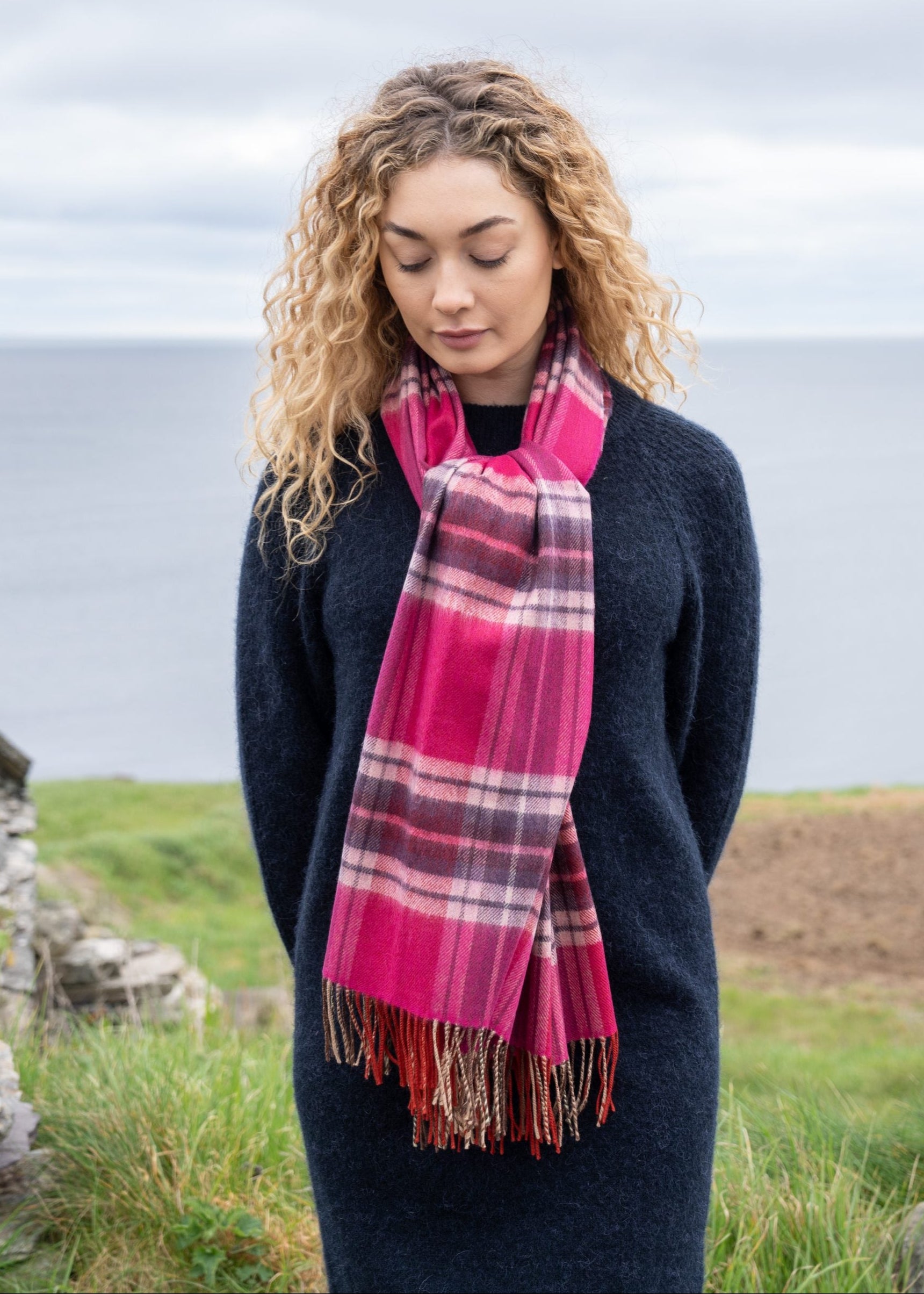 Oversized Merino Scarf | Pink Purple Plaid