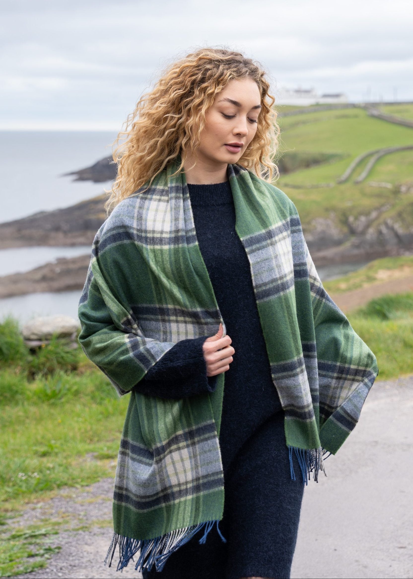 Oversized Merino Scarf | Green Navy Cream Plaid