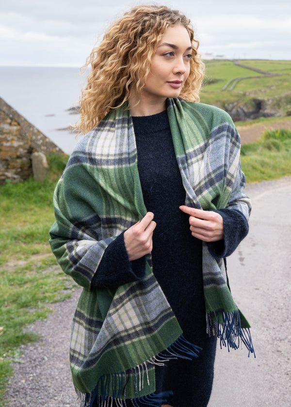 Oversized Merino Scarf | Green Navy Cream Plaid