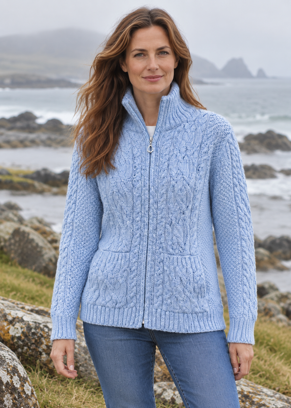 Aran Claddagh Zip Cardigan | 100% Merino Wool | Sky Blue