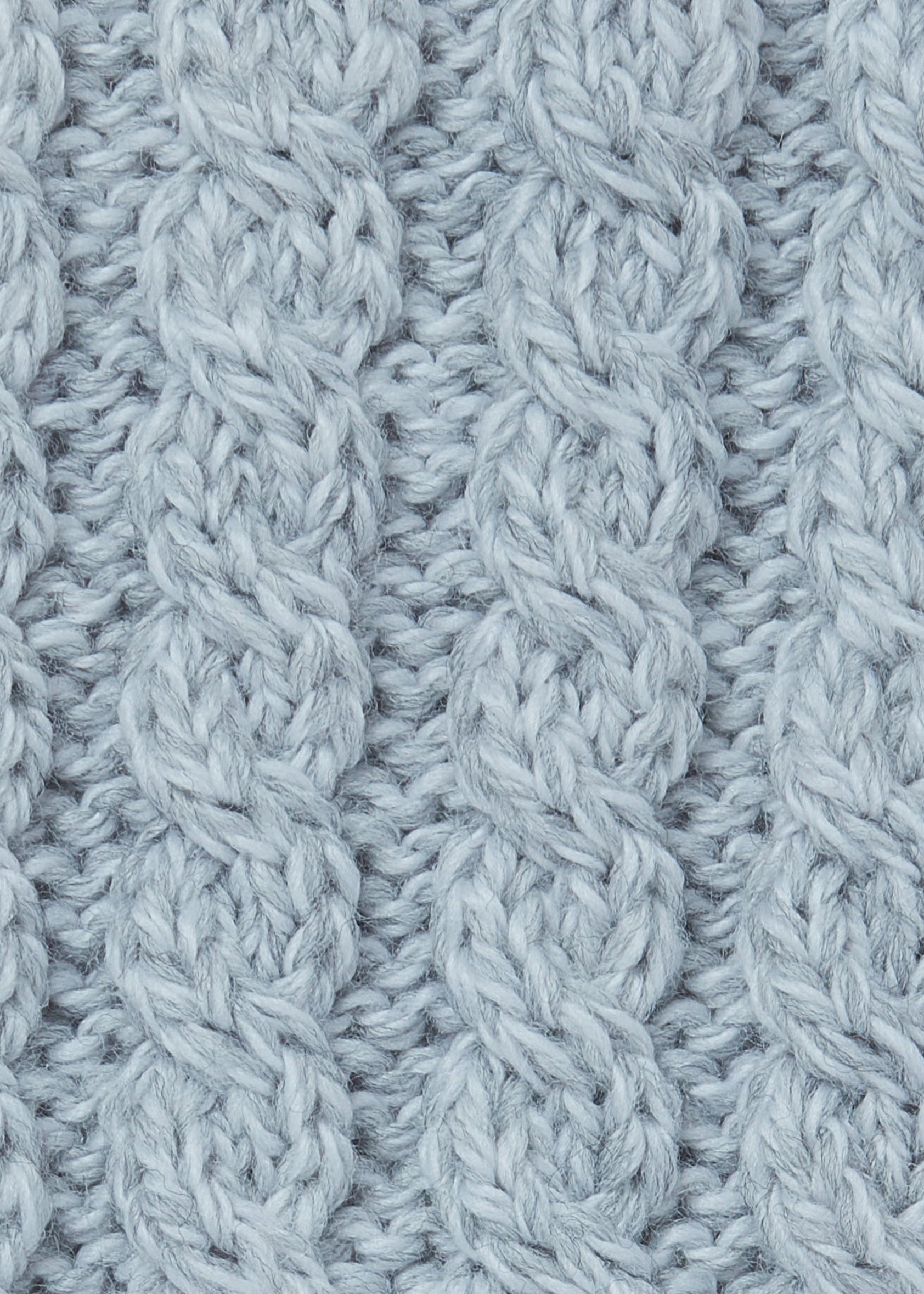 A close-up of a light blue-gray cable-knit fabric texture, showing the detailed knit pattern and soft yarn fibers.